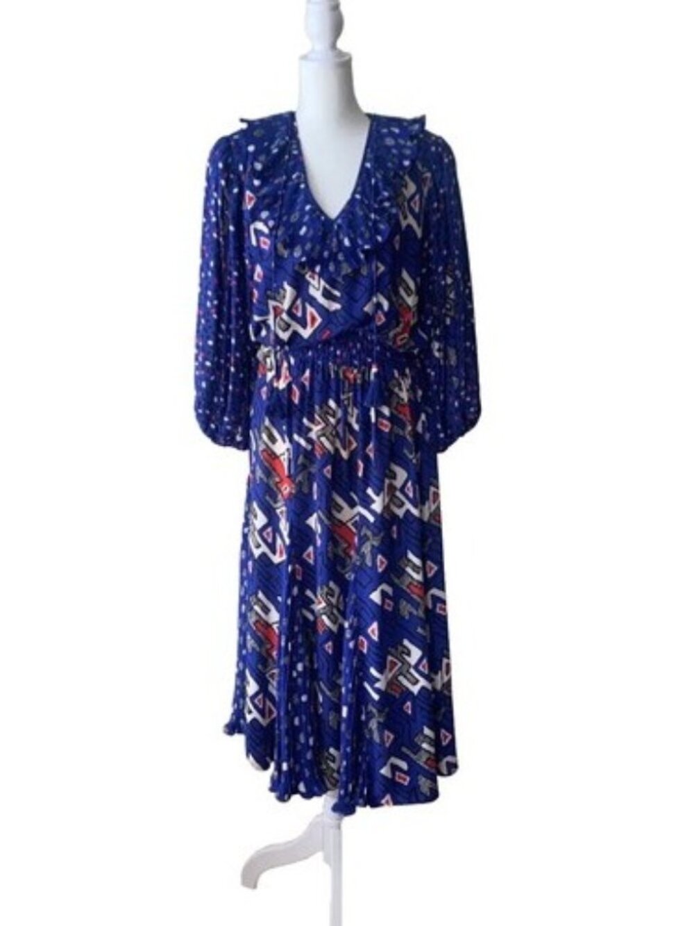 Vintage Diane Freis Originals Georgette Dress Medium Large Geometric Royal